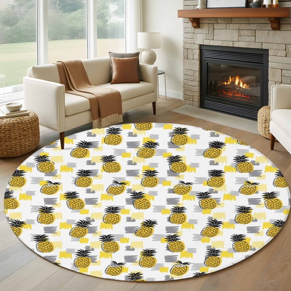 Round Area Rug 6 Ft, Summer Pineapple Washable Non-Slip Circle Carpet for Living Room/Bedroom, Tropical Plants Fruit Yellow Grey Blocks Low-Profile Indoor Mats Collection Rugs for Residential