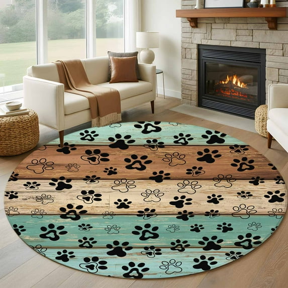 Round Area Rug 6 Ft, Teal Blue Brown Washable Non-Slip Circle Carpet for Living Room/Bedroom, Rustic Farmhouse Dog Paw Vintage Low-Profile Indoor Mats Collection Rugs for Residential