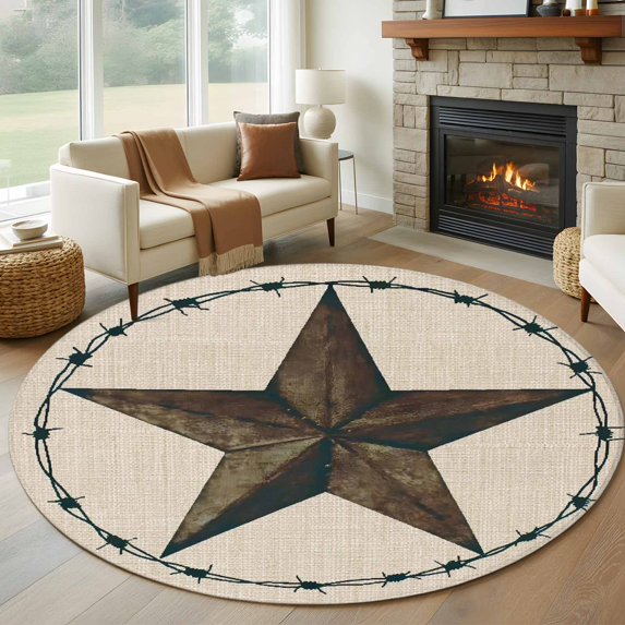 Round Area Rug 6 Ft, Texas Star Rustic Washable Non-Slip Circle Carpet for Living Room/Bedroom, Vintage Farmhouse Striped Brown Low-Profile Indoor Mats Collection Rugs for Residential