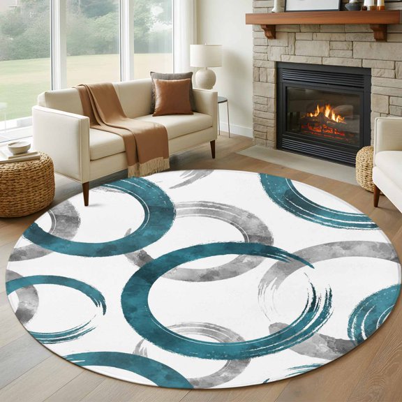 Round Area Rug 6 Ft, Turquoise Grey Non Slip Area Rugs for Living Room, Geometric Circle Modern Abstract Simple Art Washable Low Pile Circle Floor Carpet for Indoor Dining Room Bedroom Nursery Decor