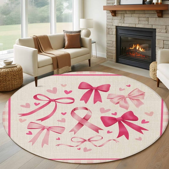 Round Area Rug 6 Ft, Valentine's Day Washable Non-Slip Circle Carpet for Living Room/Bedroom, Pink Bows Romantic Love Heart Vintage Plaid Low-Profile Indoor Mats Collection Rugs for Residential
