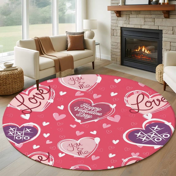 Round Area Rug 6 Ft, Valentine's Day Washable Non-Slip Circle Carpet for Living Room/Bedroom, Pink Purple Love Romantic Heart Low-Profile Indoor Mats Collection Rugs for Residential