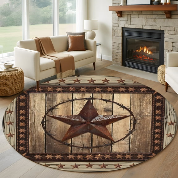 Round Area Rug 6 Ft, Western Farmhouse Non Slip Area Rugs for Living Room, Primitive Rustic Country Retro Texas Star Washable Low Pile Circle Floor Carpet for Indoor Dining Room Bedroom Nursery Decor