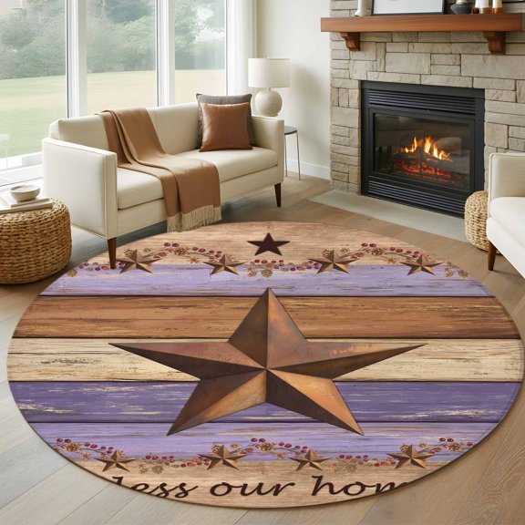 Round Area Rug 6 Ft, Western Texas Star Vintage Washable Non-Slip Circle Carpet for Living Room/Bedroom, Retro Farmhouse Purple Brown Wooden Low-Profile Indoor Mats Collection Rugs for Residential