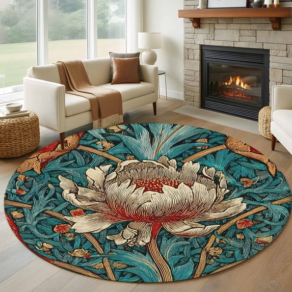 Round Area Rug 6 Ft, William Morris Plant Floral Washable Non-Slip Circle Carpet for Living Room/Bedroom, Retro Lotus Flower Leaves Low-Profile Indoor Mats Collection Rugs for Residential