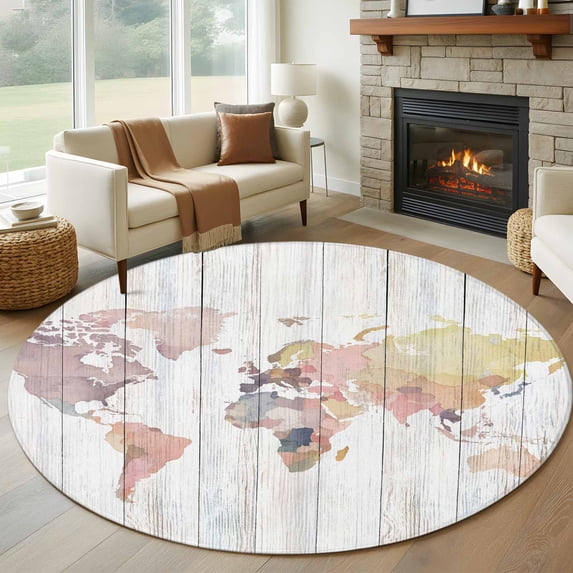 Round Area Rug 6 Ft, World Map Washable Non-Slip Circle Carpet for Living Room/Bedroom, Farmhouse Abstract Illustration Wooden Grain Low-Profile Indoor Mats Collection Rugs for Residential