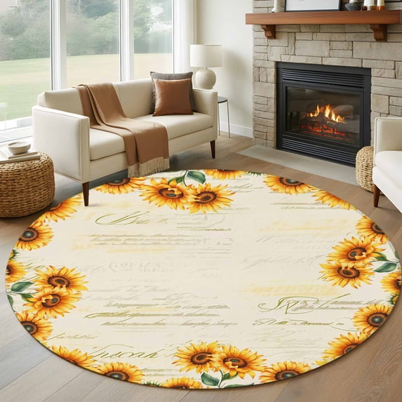 Round Area Rug 6 Ft, Yellow Sunflowers Washable Non-Slip Circle Carpet for Living Room/Bedroom, Farmhouse Rustic Botanical Floral Plants Low-Profile Indoor Mats Collection Rugs for Residential