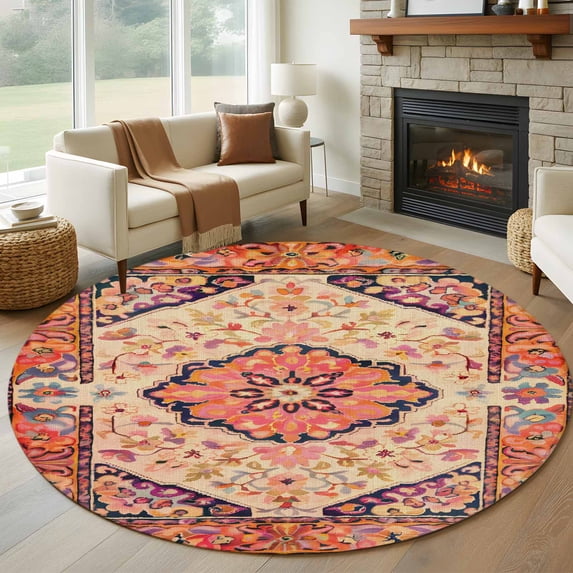 Round Area Rug 6ft,Abstract Bohemian Floral Washable Carpet Non-Slip Runner Accent Rugs Indoor Floor Mat for Bedroom Living Room Decor,Retro Ethnic Boho Totem