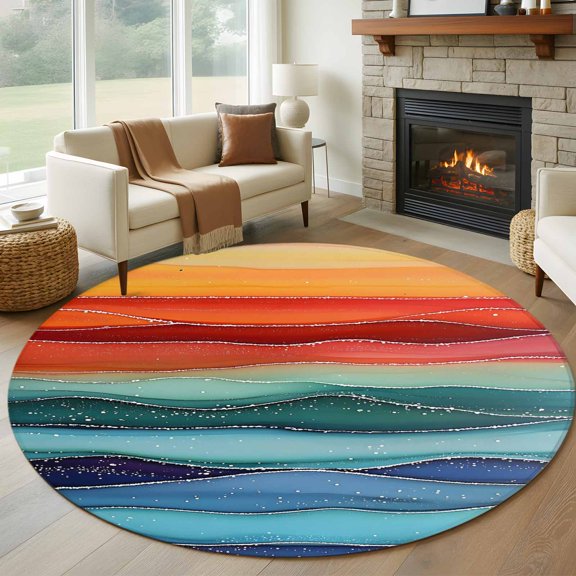 Round Area Rug 6ft,Abstract Rainbow Wave Marble Texture Washable Carpet Non-Slip Runner Accent Rugs Indoor Floor Mat for Bedroom Living Room Decor,Colorful Ocean Waves