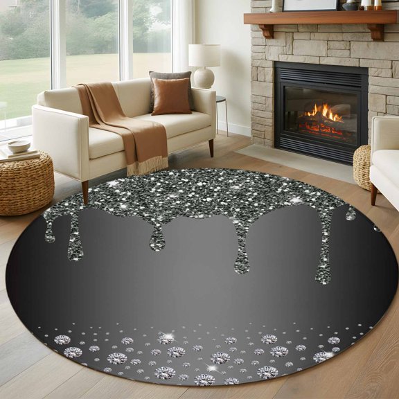 Round Area Rug 6ft,Abstract Shining Diamond Washable Carpet Non-Slip Runner Accent Rugs Indoor Floor Mat for Bedroom Living Room Decor,Stones on Gradient Black Background