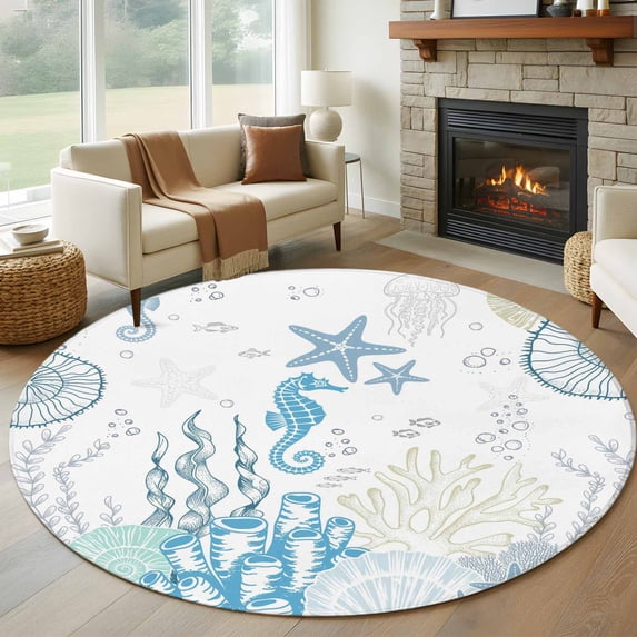 Round Area Rug 6ft,Blue Ocean Coral Shell Starfish Washable Carpet Non-Slip Runner Accent Rugs Indoor Floor Mat for Bedroom Living Room Decor,Seahorse Jellyfish Marine Life