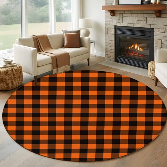 Round Area Rug 6ft,Fall Orange Black Plaid Washable Carpet Non-Slip Runner Accent Rugs Indoor Floor Mat for Bedroom Living Room Decor,Halloween Minimalist Buffalo Check