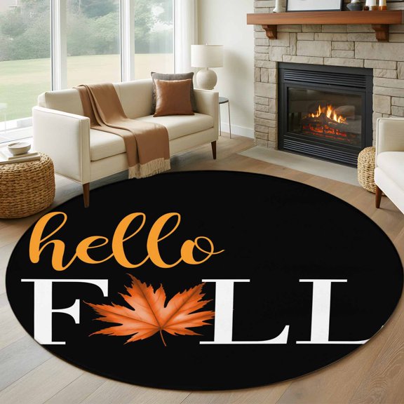 Round Area Rug 6ft,Fall Thanksgiving Orange Maple Leaf Watercolor Washable Carpet Non-Slip Runner Accent Rugs Indoor Floor Mat for Bedroom Living Room Decor,Black Back