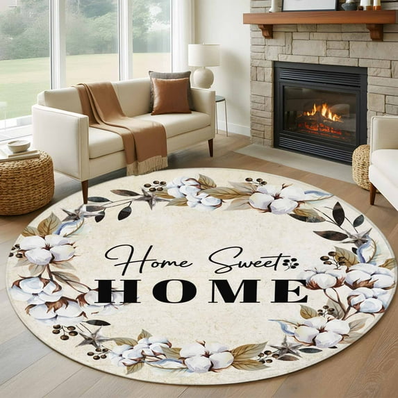 Round Area Rug 6ft,Farmhouse Wreath Floral Vintage Washable Carpet Non-Slip Runner Accent Rugs Indoor Floor Mat for Bedroom Living Room Decor,Sweet Home Quote