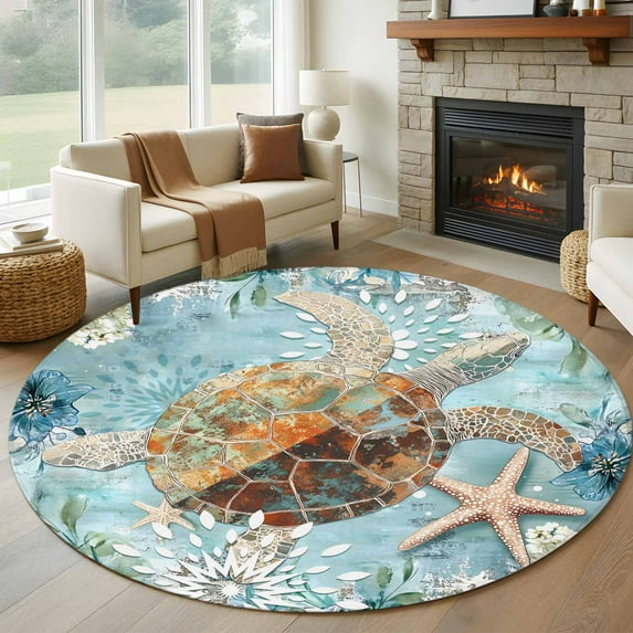 Round Area Rug 6ft,Marine Ocean Turtle Starfish Washable Carpet Non-Slip Runner Accent Rugs Indoor Floor Mat for Bedroom Living Room Decor,Watercolor Underwater World