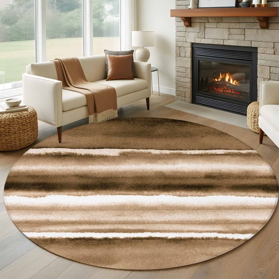 Round Area Rug 6ft,Modern Ombre Brown on White Washable Carpet Non-Slip Runner Accent Rugs Indoor Floor Mat for Bedroom Living Room Decor,Abstract Watercolor Stripe