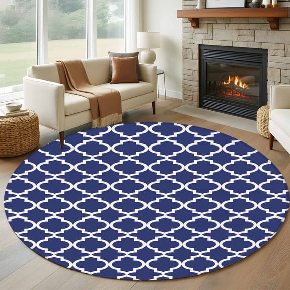 Round Area Rug 6ft,Navy Blue Moroccan Plaid Washable Carpet Non-Slip Runner Accent Rugs Indoor Floor Mat for Bedroom Living Room Decor,White Line Buffalo Lattice