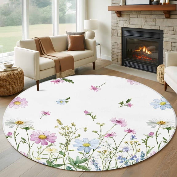 Round Area Rug 6ft,Retro Garden Flowers Plants Washable Carpet Non-Slip Runner Accent Rugs Indoor Floor Mat for Bedroom Living Room Decor,Farmhouse Watercolor Floral