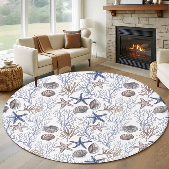 Round Area Rug 6ft,Sea Starfish Shell Blue Coral Washable Carpet Non-Slip Runner Accent Rugs Indoor Floor Mat for Bedroom Living Room Decor,Summer Ocean Theme