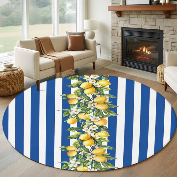 Round Area Rug 6ft,Summer Lemon Green Leaves Watercolor Washable Carpet Non-Slip Runner Accent Rugs Indoor Floor Mat for Bedroom Living Room Decor,Blue Stripe