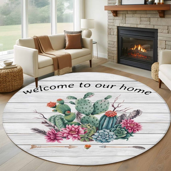 Round Area Rug 6ft,Summer Tropical Cactus Flower Washable Carpet Non-Slip Runner Accent Rugs Indoor Floor Mat for Bedroom Living Room Decor,Country Botanical Wood Plank