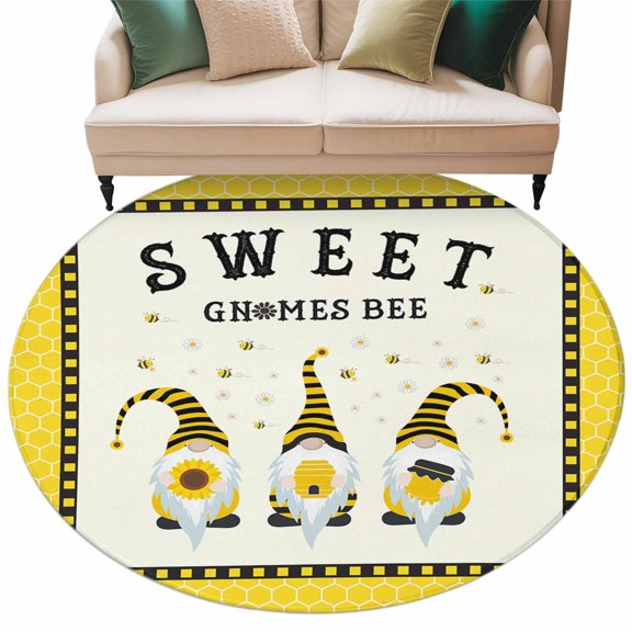 Round Area Rug 6ft,Sunflower Honey Gnome Washable Carpet Non-Slip Runner Accent Rugs Indoor Floor Mat for Bedroom Living Room Decor,Farm Honeycomb Lattice