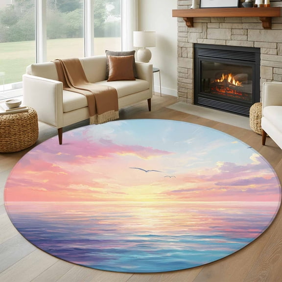 Round Area Rug 6ft,Sunset Ocean Pink Gradient Washable Carpet Non-Slip Runner Accent Rugs Indoor Floor Mat for Bedroom Living Room Decor,Watercolor Oil Painting Art