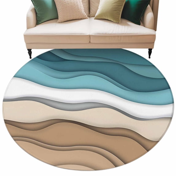 Round Area Rug 6ft,Teal Gradient Water Ripple Abstract Geometric Washable Carpet Non-Slip Runner Accent Rugs Indoor Floor Mat for Bedroom Living Room Decor,Summer Ocean Coastal