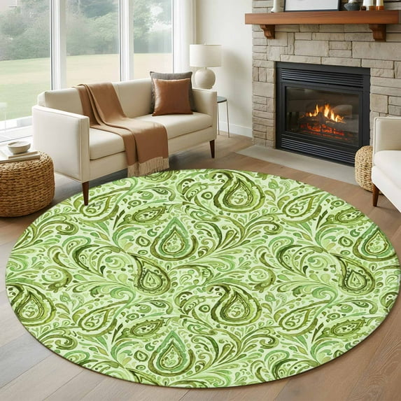 Round Area Rug 6ft,Vintage Paisley Floral Watercolor Washable Carpet Non-Slip Runner Accent Rugs Indoor Floor Mat for Bedroom Living Room Decor,Ethnic Pattern Ombre Green
