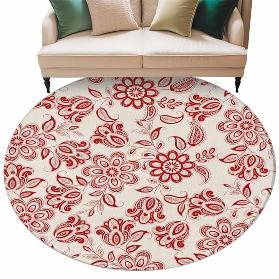 Round Area Rug 6ft,Vintage Red Flower Leaf Pattern Washable Carpet Non-Slip Runner Accent Rugs Indoor Floor Mat for Bedroom Living Room Decor,Ethnic Tribal Paisley Texture