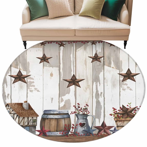 Round Area Rug 6ft,Watercolor Country Star on Wood Board Washable Carpet Non-Slip Runner Accent Rugs Indoor Floor Mat for Bedroom Living Room Decor,Red Flowers