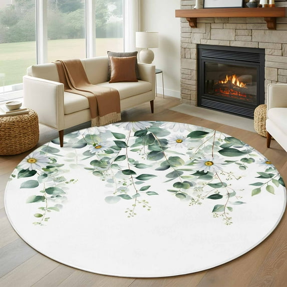 Round Area Rug 6ft,Watercolor Eucalyptus Leaf on Top Washable Carpet Non-Slip Runner Accent Rugs Indoor Floor Mat for Bedroom Living Room Decor,Country Flowers Daisy