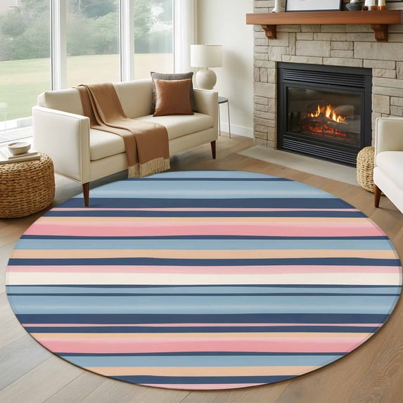 Round Area Rug 6ft,Watercolor Pink Blue White Stripes Washable Carpet Non-Slip Runner Accent Rugs Indoor Floor Mat for Bedroom Living Room Decor,Retro Lines