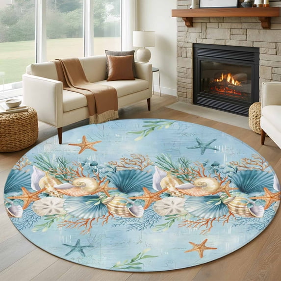Round Area Rug 7 Ft, Beach Coastal Blue Washable Non-Slip Circle Carpet for Living Room/Bedroom, Nautical Shell Starfish Coral Summer Low-Profile Large Runner Mat Collection Rugs for Indoor