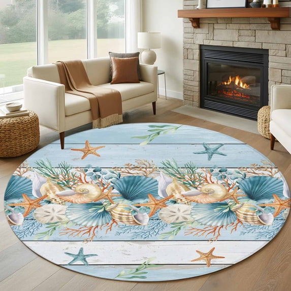 Round Area Rug 7 Ft, Blue Beach Coastal Washable Non-Slip Circle Carpet for Living Room/Bedroom, Nautical Shell Starfish Coral Summer Low-Profile Large Runner Mat Collection Rugs for Indoor