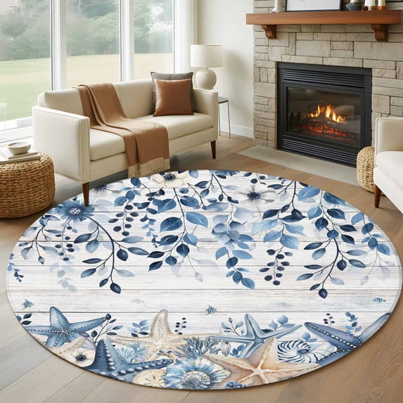 Round Area Rug 7 Ft, Blue Coastal Starfish Washable Non-Slip Circle Carpet for Living Room/Bedroom, Beach Nautical Shell Eucalyptus Wooden Low-Profile Large Runner Mat Collection Rugs for Indoor