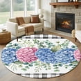 thumbnail image 1 of Round Area Rug 7 Ft, Blue Pink Hydrangea Washable Non-Slip Circle Carpet for Living Room/Bedroom, Eucalyptus Leaves Summer Botanical Plaid Low-Profile Large Runner Mat Collection Rugs for Indoor, 1 of 7