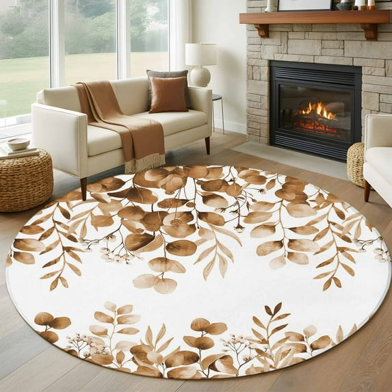 Round Area Rug 7 Ft, Brown Eucalyptus Leaves Washable Non-Slip Circle Carpet for Living Room/Bedroom, Spring Summer Botanical Low-Profile Large Runner Mat Collection Rugs for Indoor