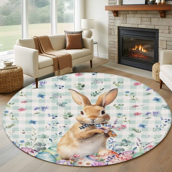 Round Area Rug 7 Ft, Bunny Easter Washable Non-Slip Circle Carpet for Living Room/Bedroom, Spring Floral Rabbits Checkered Farmhouse Low-Profile Large Runner Mat Collection Rugs for Indoor