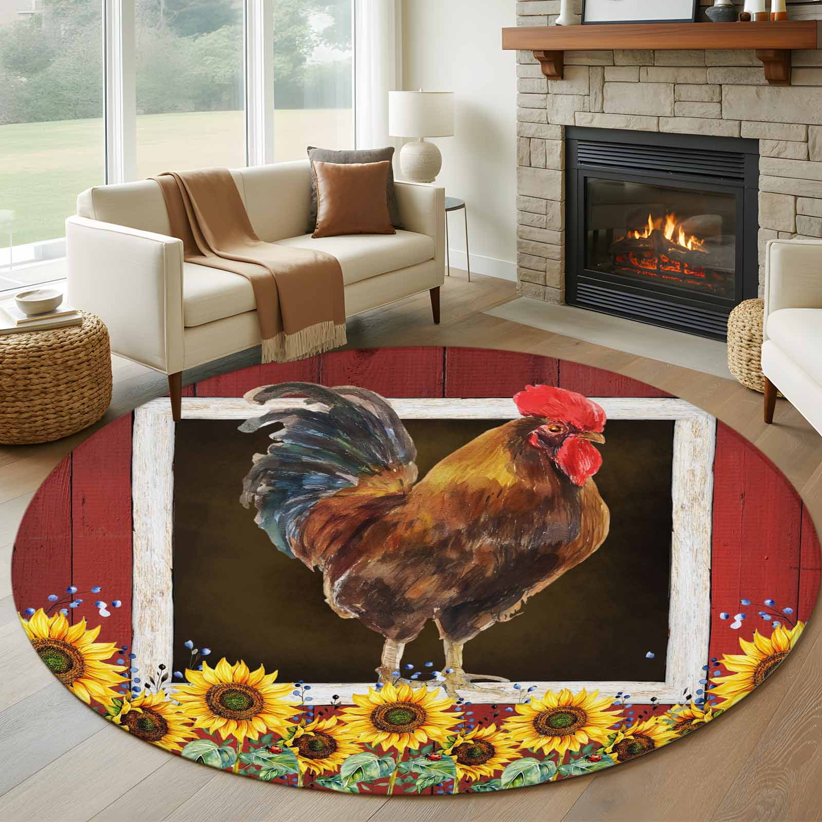 Round Area Rug 7 Ft, Chicken Sunflowers Washable Non-Slip Circle Carpet ...