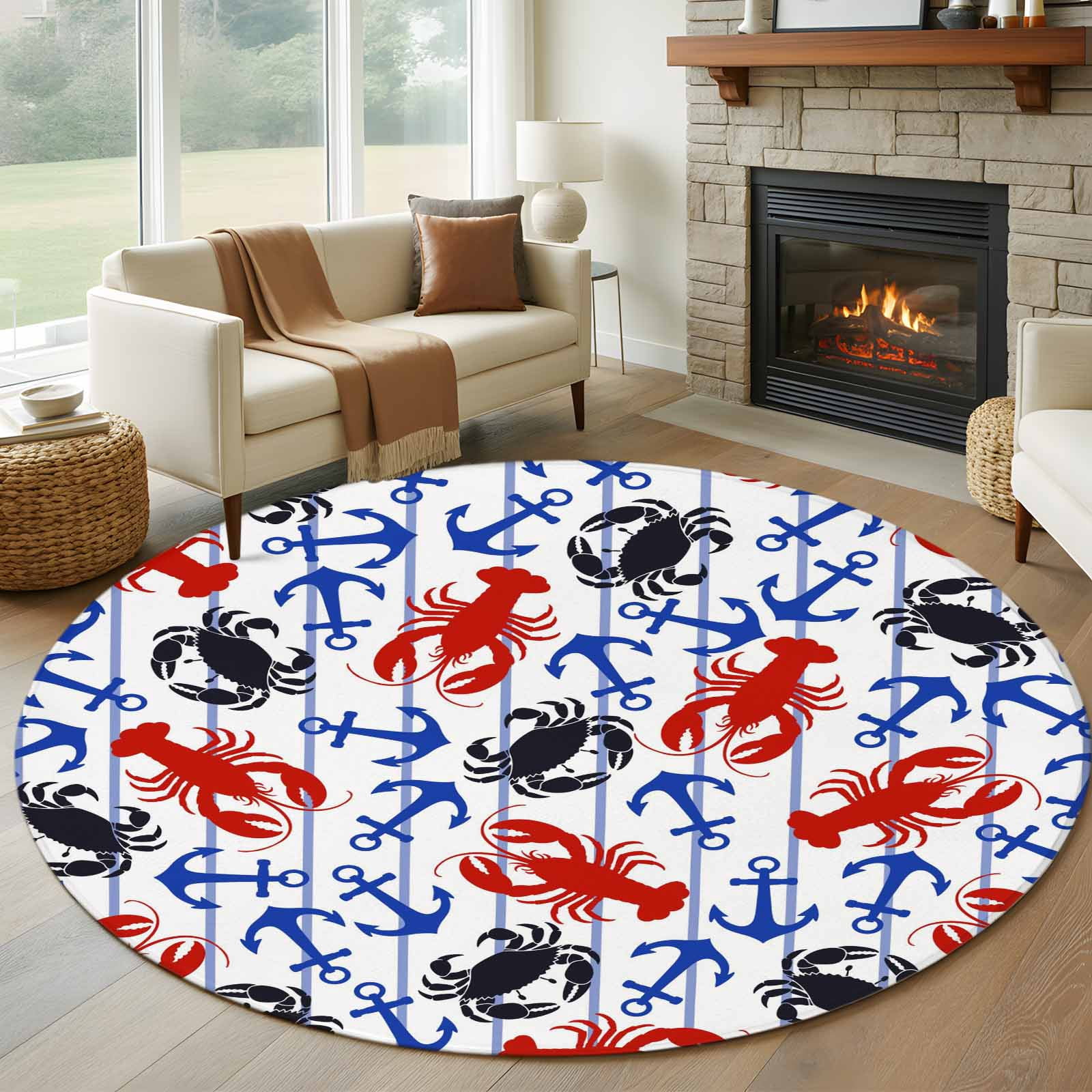 Round Area Rug 7 Ft, Coastal Crabs Washable Non-Slip Circle Carpet for ...