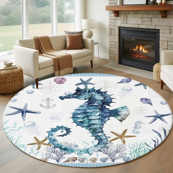 Round Area Rug 7 Ft, Coastal Seahorse Washable Non-Slip Circle Carpet for Living Room/Bedroom, Nautical Starfish Shell Seaweed Anchor Low-Profile Large Runner Mat Collection Rugs for Indoor
