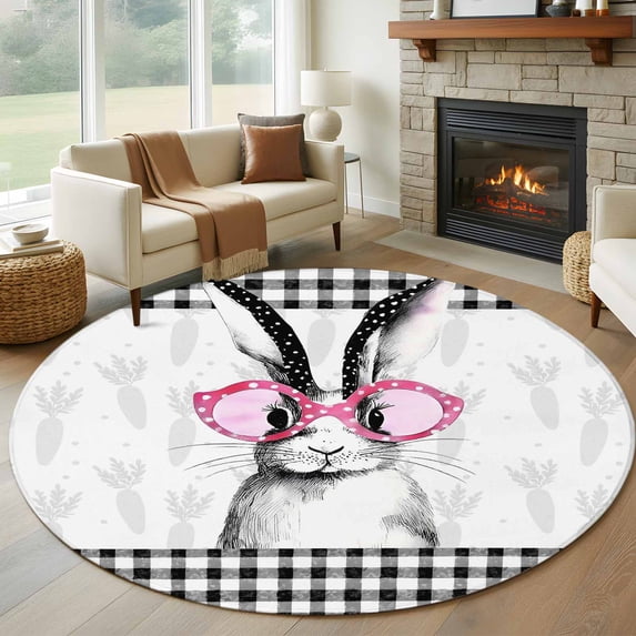 Round Area Rug 7 Ft, Easter Washable Non-Slip Circle Carpet for Living Room/Bedroom, Farmhouse Retro Carrots Rabbit Black Plaid Low-Profile Large Runner Mat Collection Rugs for Indoor