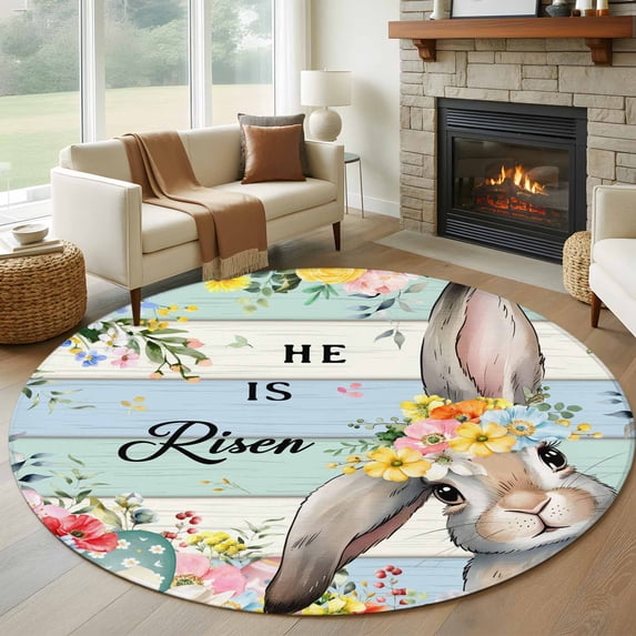 Round Area Rug 7 Ft, Easter Washable Non-Slip Circle Carpet for Living Room/Bedroom, Spring Farmhouse Bunny Flower Teal Blue Wood Grain Low-Profile Large Runner Mat Collection Rugs for Indoor