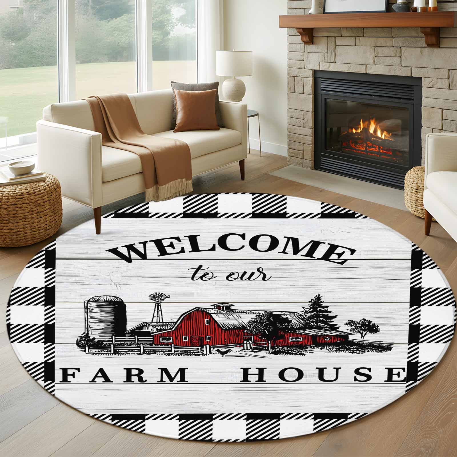 Round Area Rug 7 Ft, Farmhouse Cabin Washable Non-Slip Circle Carpet ...