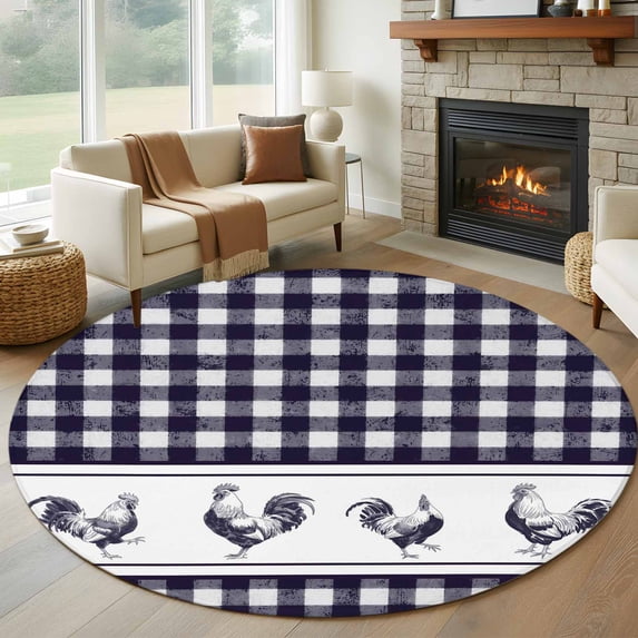 Round Area Rug 7 Ft, Farmhouse Purple Plaid Washable Non-Slip Circle Carpet for Living Room/Bedroom, Vintage Country Cock Checkered Low-Profile Large Runner Mat Collection Rugs for Indoor