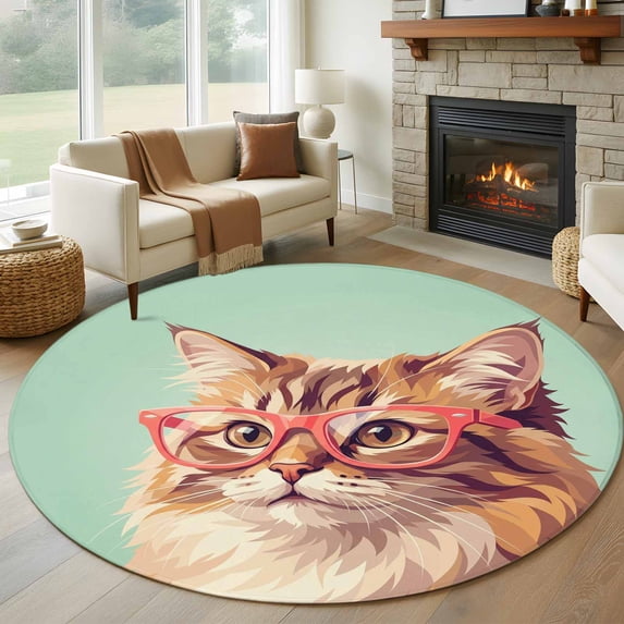 Round Area Rug 7 Ft, Green Cat Washable Non-Slip Circle Carpet for Living Room/Bedroom, Funny Animals Modern Art Low-Profile Large Runner Mat Collection Rugs for Indoor