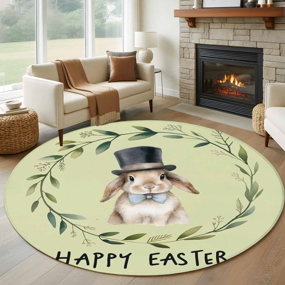 Round Area Rug 7 Ft, Happy Easter Washable Non-Slip Circle Carpet for Living Room/Bedroom, Grass Green Spring Bunny Eucalyptus Leaves Low-Profile Large Runner Mat Collection Rugs for Indoor