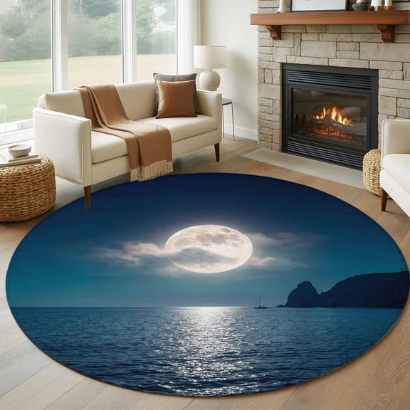 Round Area Rug 7 Ft, Moonlight Sea Night Washable Non-Slip Circle Carpet for Living Room/Bedroom, Abstract Modern Art Ocean Cloud Low-Profile Large Runner Mat Collection Rugs for Indoor