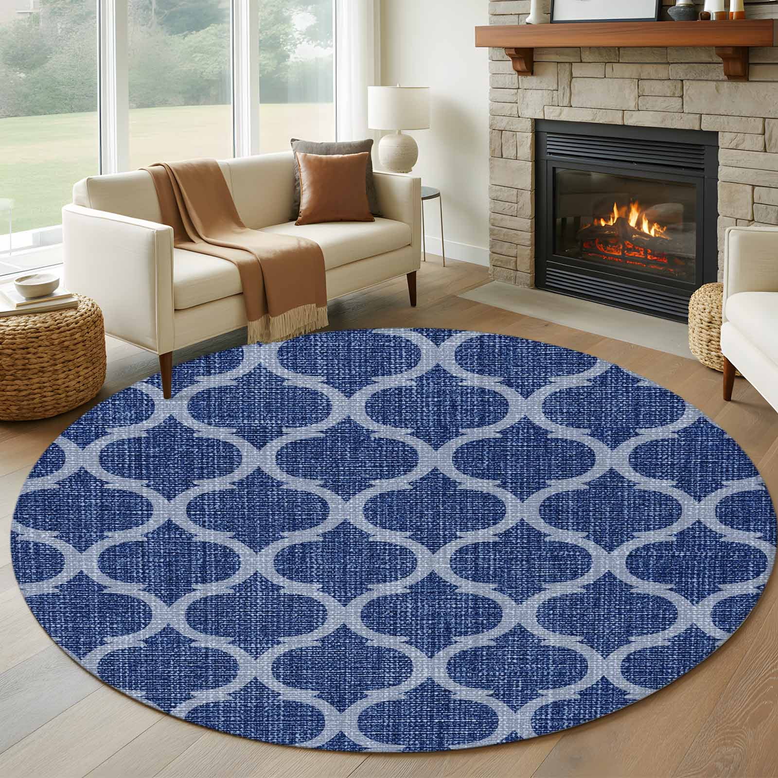 Round Area Rug 8 Ft, Red Moroccan Washable Non-Slip Circle Carpet